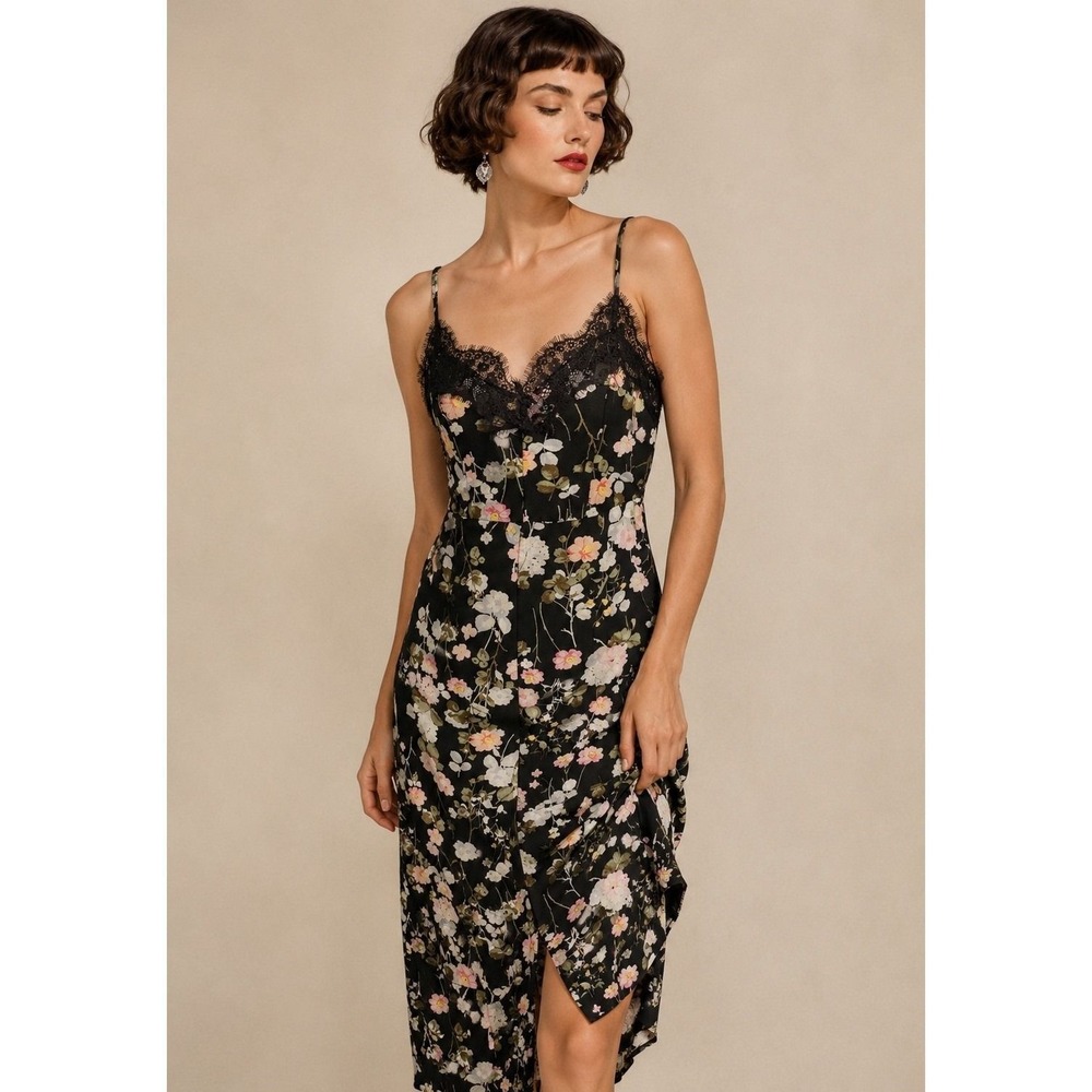 Premier Amour Size 10 Floral Lace Trim Maxi Dress Slit Lined Romantic Goth